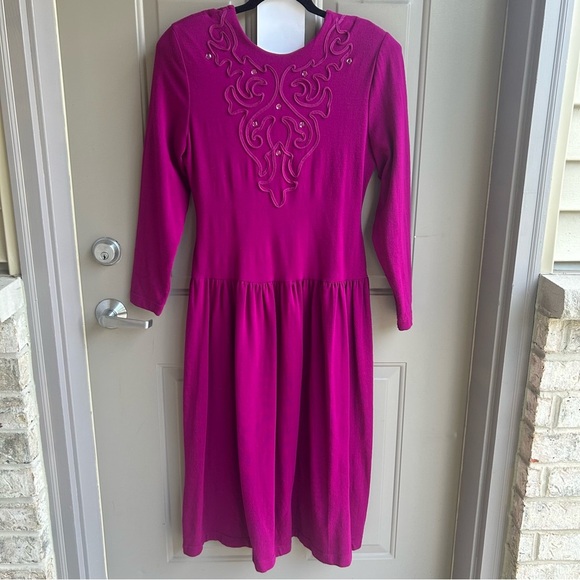 Vintage Dennis Goldsmith Magenta Knit Dress Long Sleeve Rhinestone USA Medium - Picture 1 of 11
